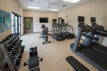 A gym with treadmills, weights, and a television.